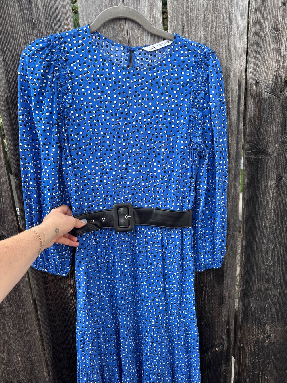 Zara Blue Polka Dot Midi Dress with Black Belt